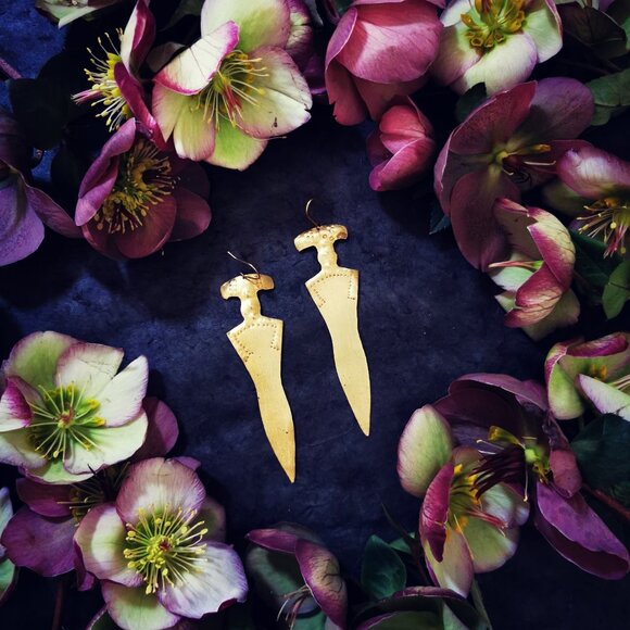 Artisanal Handmade ~ Ancient Sword Brass Earrings - Picture 2 of 4